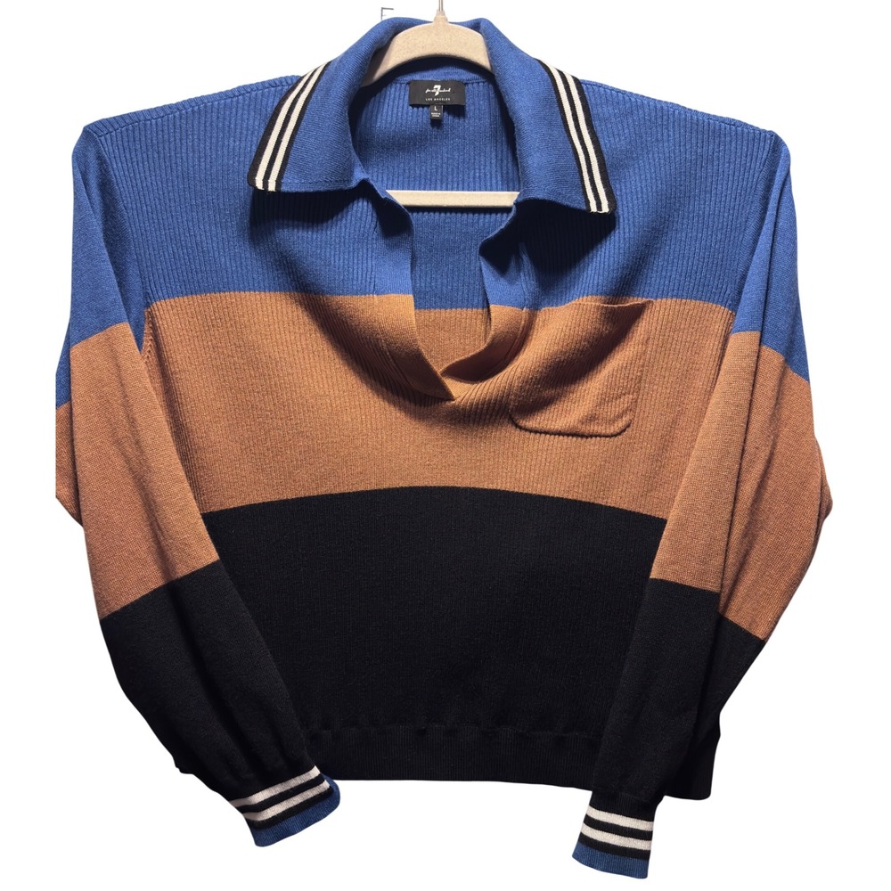 7 For All Mankind Colorblock Vintage Sweater Men Large Blue Brown Cashmere Blend